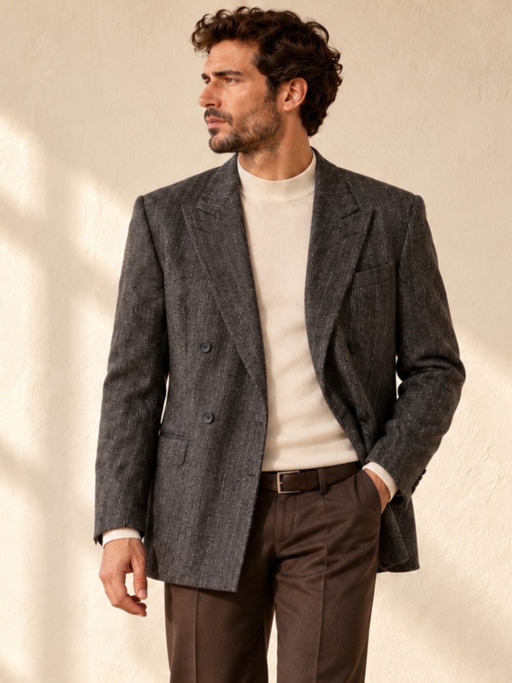 Vintage Double Breasted Wool Blazer Quiet Luxury Gray Charcoal Teal Stripes 40L